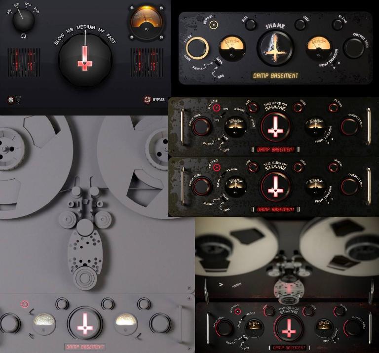 Design iterations showing evolution from concept to final interface, including physical tape reels and multiple UI variations